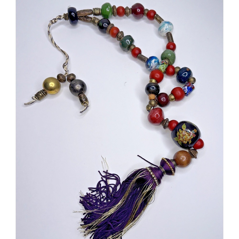 Prayer Bead Clay Tassel Flower Wood Multi Color 29" Chunky